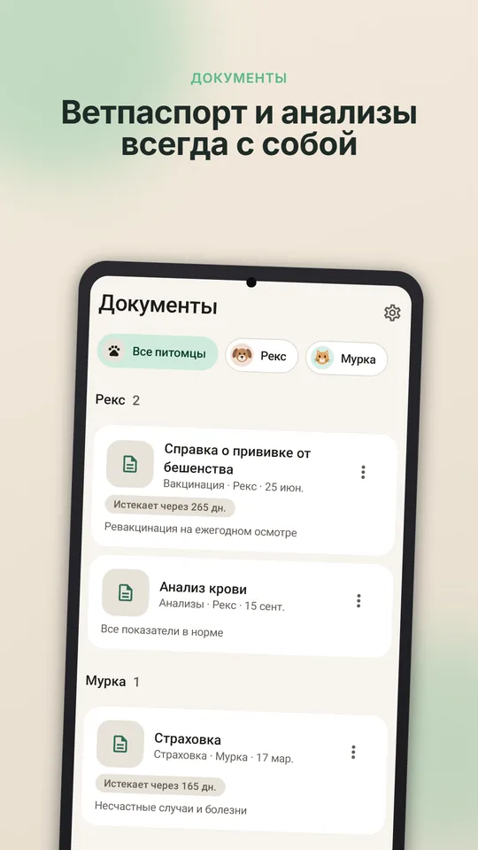 Профиль питомца в PetCare Offline с документами и важными контактами