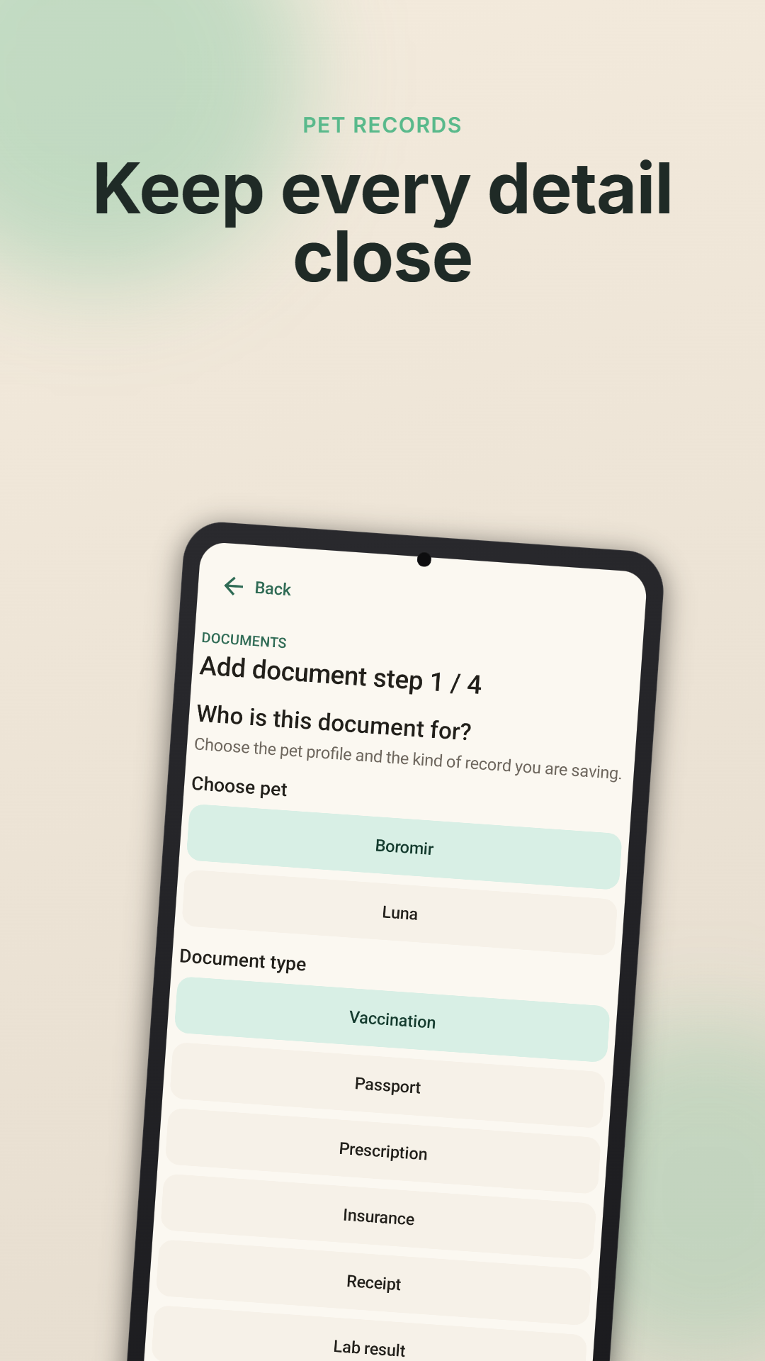 PetCare documents screen