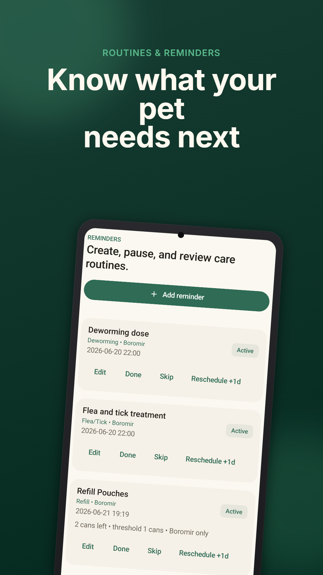 PetCare reminders screen