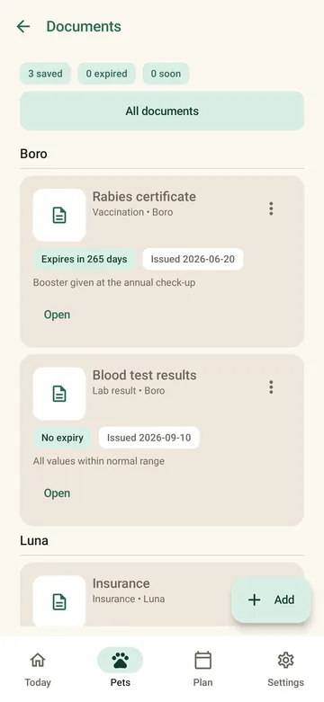 PetCare documents screen with rabies certificate expiry badge