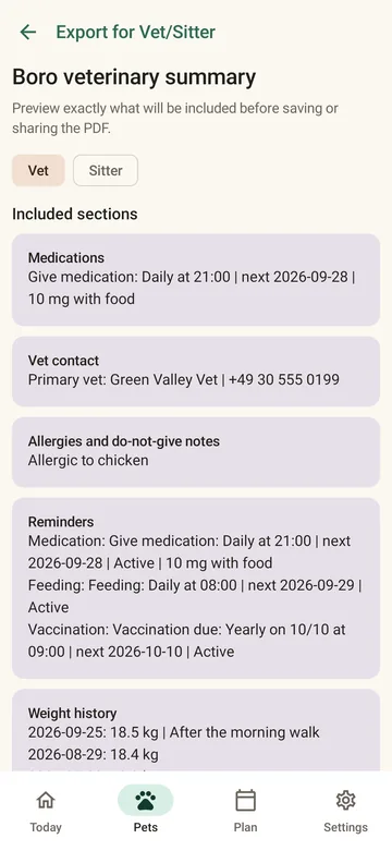 PetCare Export for Vet/Sitter screen with PDF sections preview