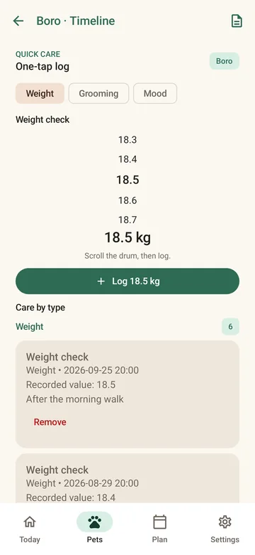 PetCare health timeline with weight drum picker and weight check entries