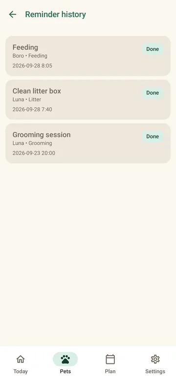 PetCare reminder history with completed feeding, litter and grooming tasks