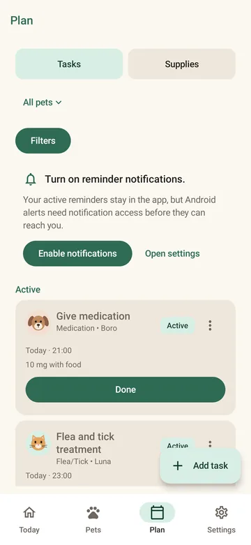 PetCare Plan screen with active medication and flea and tick reminders