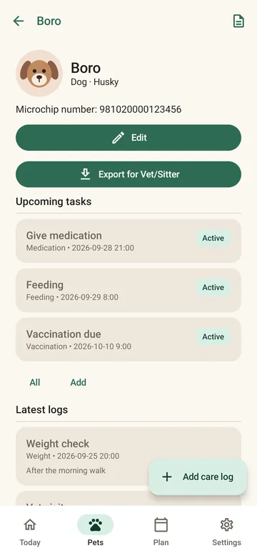 PetCare pet profile for Boro the husky with microchip number and upcoming tasks
