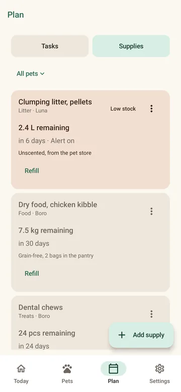 PetCare supplies screen with litter low-stock alert and food remaining estimate