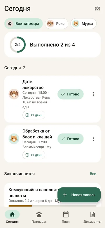 Экран «Сегодня» в PetCare со счётчиками задач